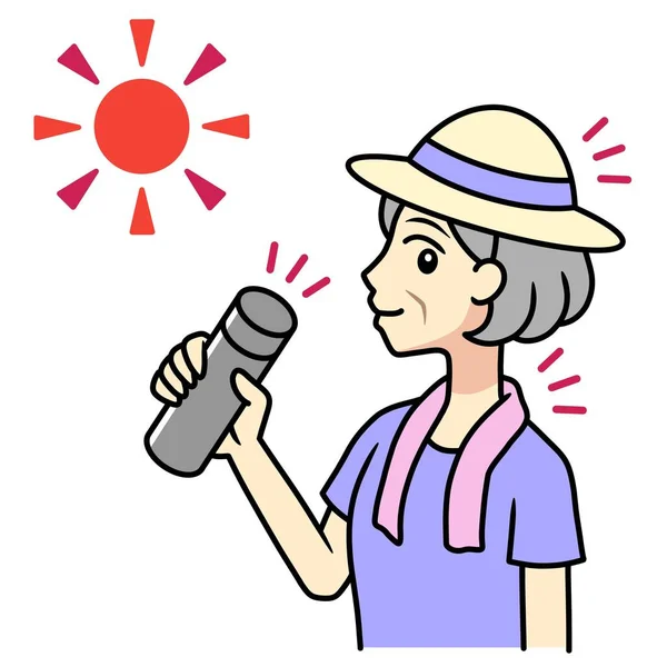 A senior woman in a hat with a towel holding an insulated drink container to prevent heat exhaustion