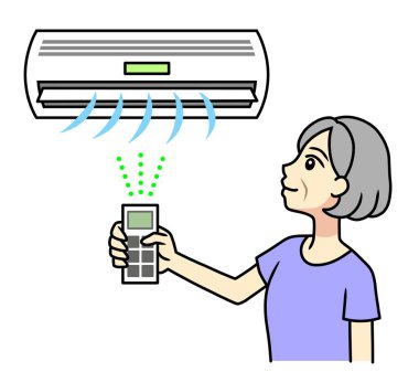 senior woman turning on air conditioner with remote control