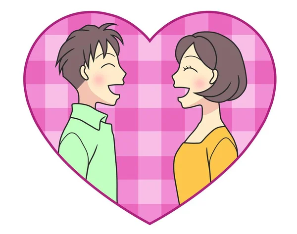 Young Couple Smiling Pink Plaid Heart — Photo