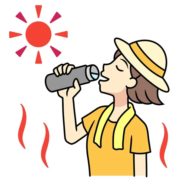 Isı yorgunluğunu önlemek için su içen genç bir kadın.