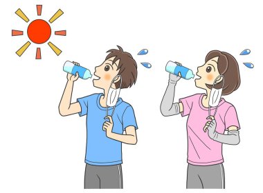 Genç çift yüz maskelerini çıkarıyor ve sıcaktan bitkin düşmemek için şişe su içiyor.