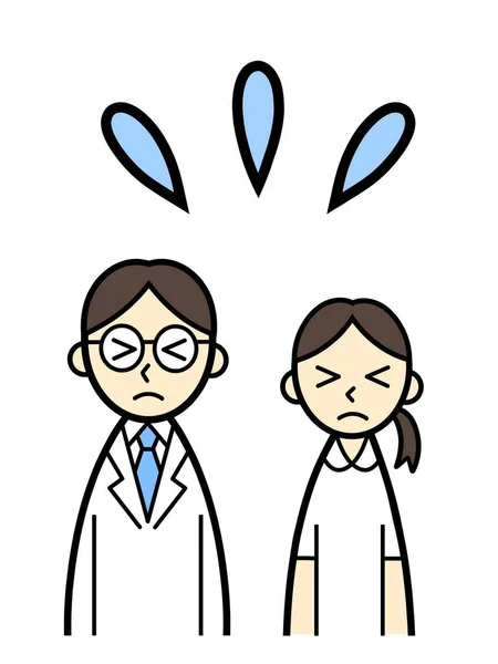 doctor and nurse with troubled faces and sweat droplets
