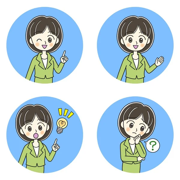 Four Poses Cute Businesswoman Green Suit Light Blue Circles —  Fotos de Stock