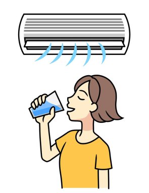 young woman drinking water with air conditioner on