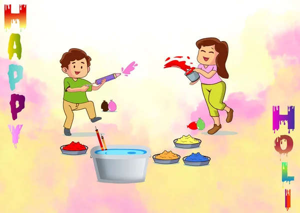 快乐的Holi问候 小孩玩Holi让我们玩Holi — 图库照片