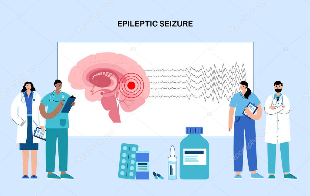 Focal, partial seizure. Epilepsy disease concept. Abnormal brain activity. Pain or spasm in human head. Central nervous system disorder. Mental health clinic. Medical research flat vector illustration