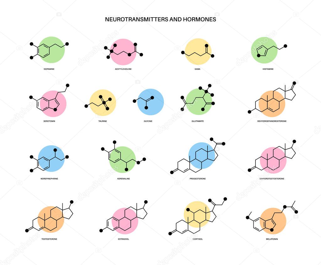 Set of chemical formulas of hormones and neurotransmitters in brain. Serotonin and dopamine icons. Physiological processes in the human body. Adrenaline and acetylcholine molecules vector illustration