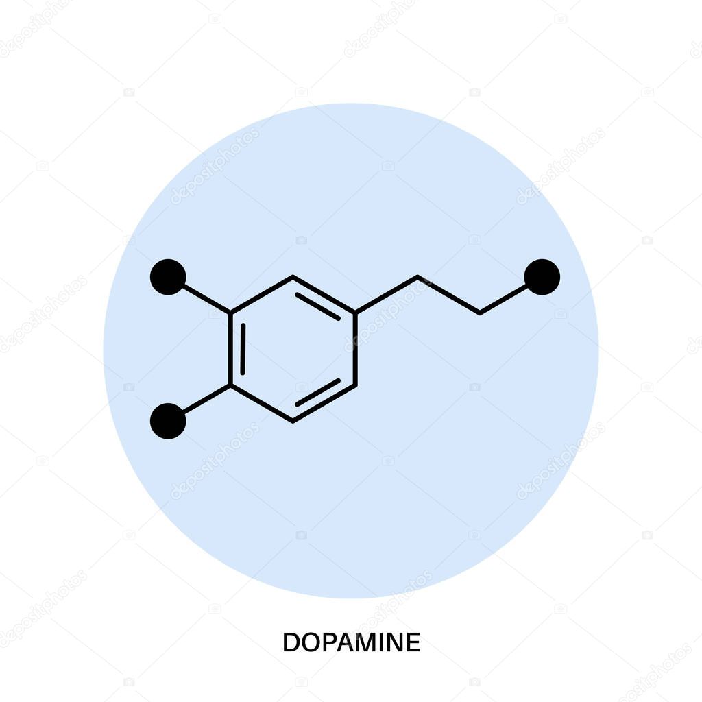 Dopamine formula icon or logo. Monoamine neurotransmitter. Motivational component of reward motivated behavior. Motor control, controlling the release of various hormones vector illustration