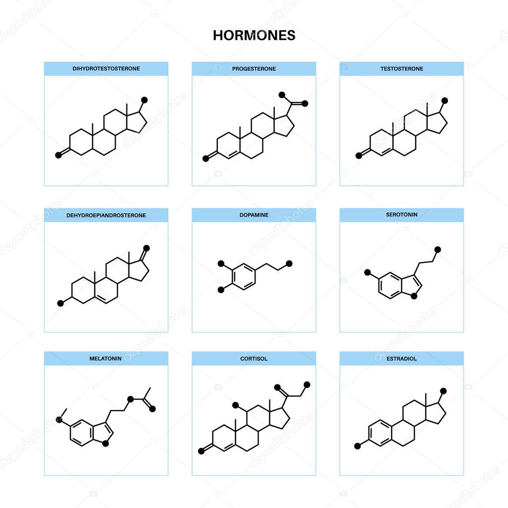 Set of chemical formulas of hormones. Neurotransmitters in the human brain and cns concept. Serotonin and dopamine icons. Estrogen and testosterone isolated molecules flat vector illustration.