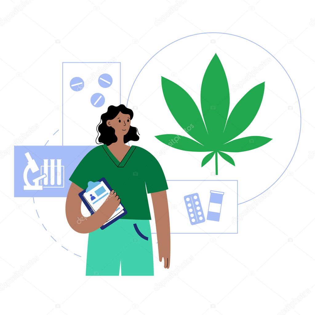 Medical cannabis store concept. Marijuana plant as medicine, prescription for legal drugs. Bottle with organic weed oil, treatment concept. Remedy for cancer and diseases flat vector illustration