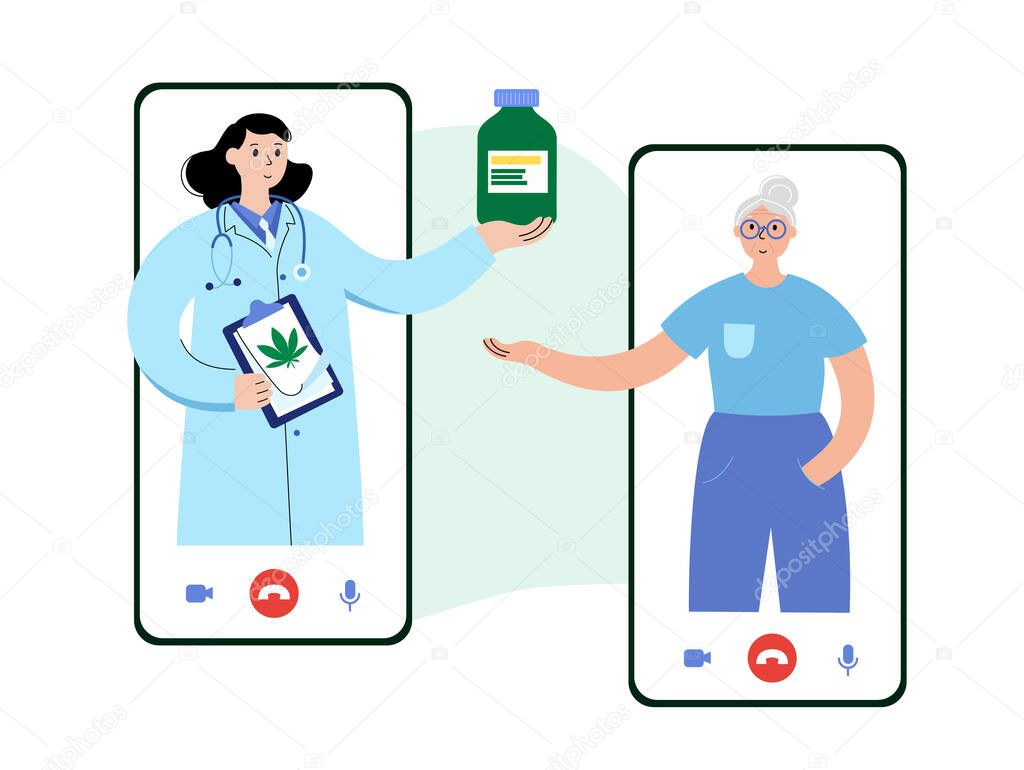 Medical cannabis store. Online consultation with a doctor. Marijuana as medicine, prescription for legal drugs. Bottle with weed oil, treatment. Remedy for cancer and diseases vector illustration