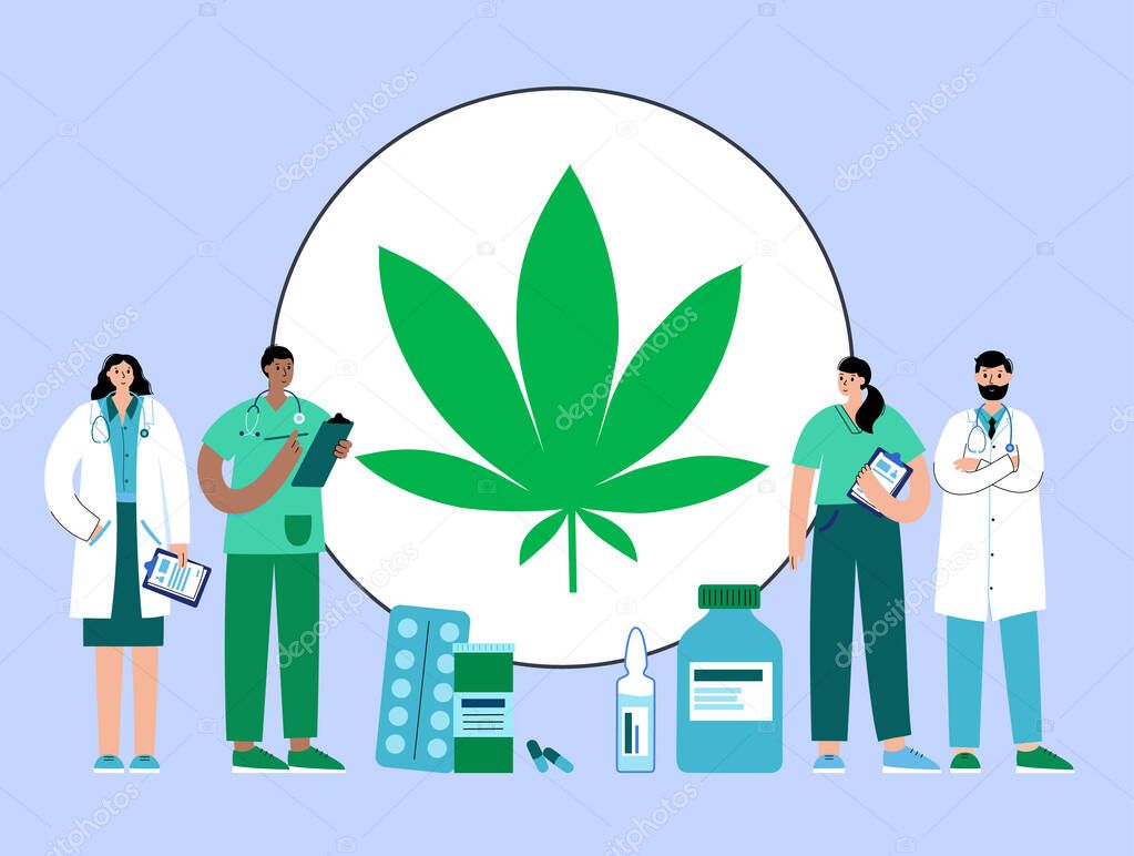 Medical cannabis store. Doctors cartoon characters. Marijuana as medicine, prescription for legal drugs. Bottle with weed oil, treatment concept. Remedy for cancer and diseases vector illustration
