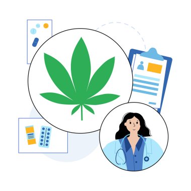 Tıbbi kenevir dükkanı. Doktorlar çizgi film karakterleri. İlaç olarak marihuana, yasal ilaçlar için reçete. Ot yağı şişesi, tedavi konsepti. Kanser ve hastalıklar için vektör çizimi