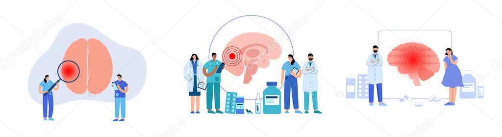 Focal, partial seizure. Epilepsy disease concept. Abnormal brain activity. Pain or spasm in human head. Central nervous system disorder. Mental health clinic. Medical research flat vector illustration
