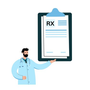 RX formu, tıbbi reçete belgesi. Doktordan hastaya tarifler. İlaç, hap ve sağlık sigortası konsepti. İlaçlar, eczane ve tedavi. Ağrı kesici ve uyuşturucu dozunu kontrol etme vektörü çizimi