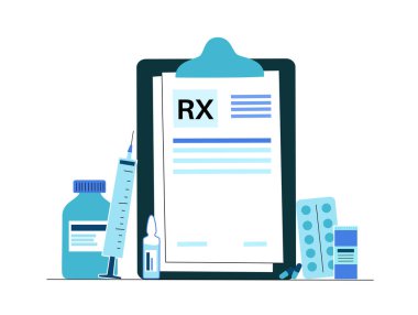 RX formu, tıbbi reçete belgesi. Doktordan hastaya tarifler. İlaç, hap ve sağlık sigortası konsepti. İlaçlar, eczane ve tedavi. Ağrı kesici ve uyuşturucu dozunu kontrol etme vektörü çizimi