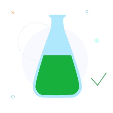 Yeşil sıvılı matara. Tüpteki iksir ya da cam kaplama konsept. Kimyasal deney ya da tıbbi laboratuvar düz vektör çizimi için ekipman.