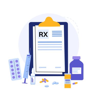 RX formu, tıbbi reçete belgesi. Doktordan hastaya tarifler. İlaç, hap ve sağlık sigortası konsepti. İlaçlar, eczane ve tedavi. Ağrı kesici ve uyuşturucu dozunu kontrol etme vektörü çizimi