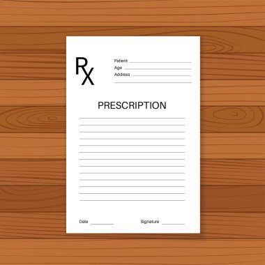 RX formu, tıbbi reçeteli gerçekçi kağıt dökümanı tahta arka planda. Doktordan hastaya tarifler. İlaçlar, eczane ve tedavi. Ağrı kesici ve uyuşturucu dozunu kontrol etme vektörü çizimi