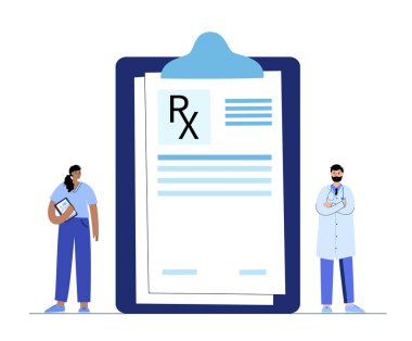 RX formu, tıbbi reçete belgesi. Doktordan hastaya tarifler. İlaç, hap ve sağlık sigortası konsepti. İlaçlar, eczane ve tedavi. Ağrı kesici ve uyuşturucu dozunu kontrol etme vektörü çizimi