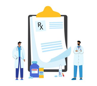 RX formu, tıbbi reçete belgesi. Doktordan hastaya tarifler. İlaç, hap ve sağlık sigortası konsepti. İlaçlar, eczane ve tedavi. Ağrı kesici ve uyuşturucu dozunu kontrol etme vektörü çizimi