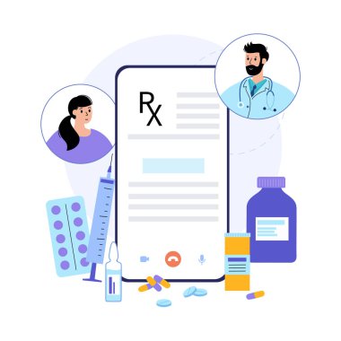 RX formu, tıbbi reçete çevrimiçi belge. Telefonda doktordan hastaya tarif. İlaç, hap ve sağlık sigortası. İlaçlar, eczane ve tedavi. Ağrı kesici ve uyuşturucu kontrol vektörü.