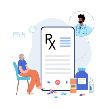 RX formu, tıbbi reçete çevrimiçi belge. Telefonda doktordan hastaya tarif. İlaç, hap ve sağlık sigortası. İlaçlar, eczane ve tedavi. Ağrı kesici ve uyuşturucu kontrol vektörü.