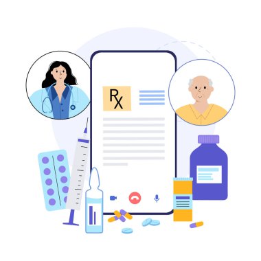 RX formu, tıbbi reçete çevrimiçi belge. Telefonda doktordan hastaya tarif. İlaç, hap ve sağlık sigortası. İlaçlar, eczane ve tedavi. Ağrı kesici ve uyuşturucu kontrol vektörü.