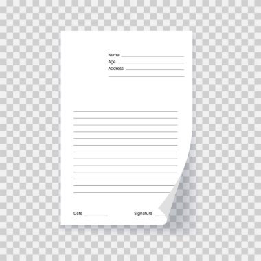 Boş form kağıdı sayfa a3 şablon, gerçekçi nota modeli. Boş gerçekçi a4 biçimi. İş ya da eğitim için beyaz sayfa belgesi. Kişisel veriler, şeffaf arkaplan vektörü illüstrasyonundaki gölge