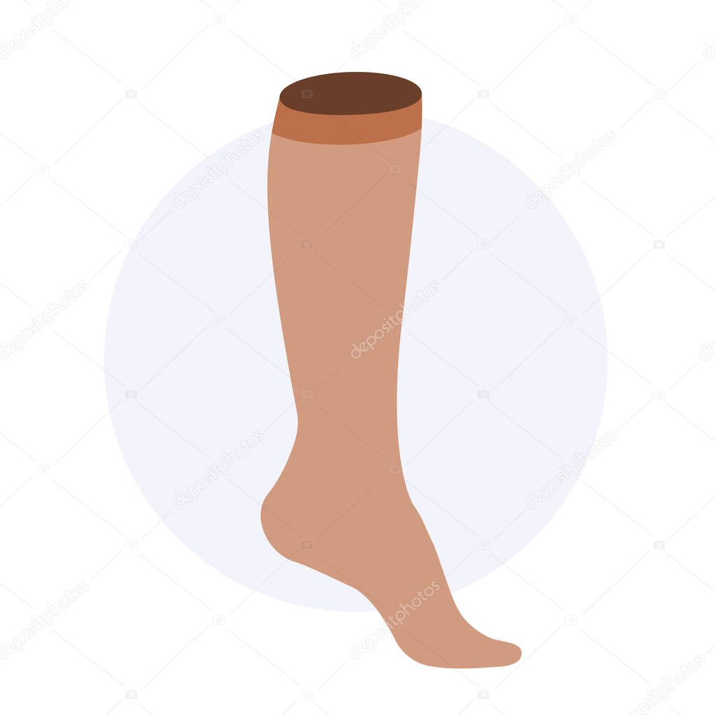 Compression stocking concept. Pressure problems with varicose veins. Special fitness socks for insufficiency venous. Surgery rehabilitation clothes. Healthy slender female feet vector illustration.