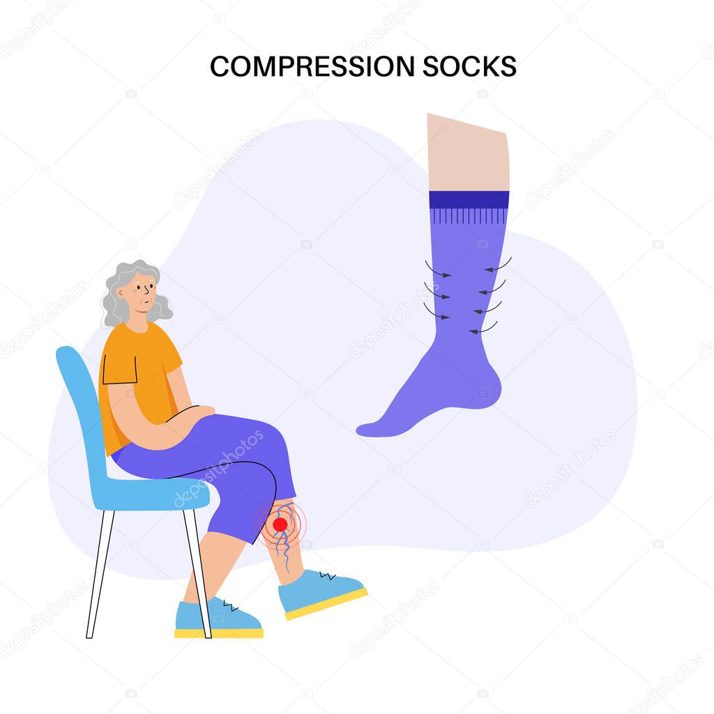 Compression stocking concept. Pressure problems with varicose veins. Special fitness socks for insufficiency venous. Surgery rehabilitation clothes. Healthy slender female feet vector illustration.