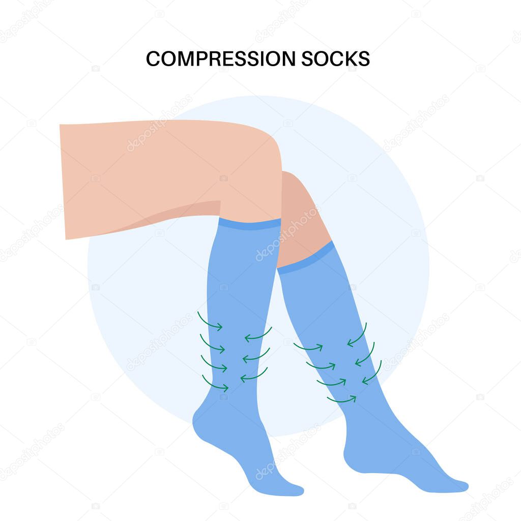 Compression stocking concept. Pressure problems with varicose veins. Special fitness socks for insufficiency venous. Surgery rehabilitation clothes. Healthy slender female feet vector illustration.