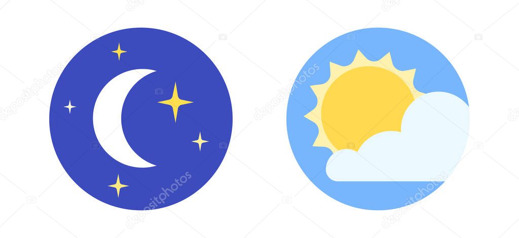 Day and night logo. Sleep wake rhythm concept. Moon and stars, sun and clouds in sky. Simple weather pictograms for application. Spring or summer flat vector illustration on white background.