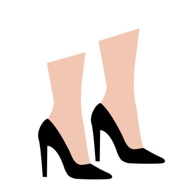 Siyah yüksek topuklu ayakkabı giyen güzel kadın bacakları. Zayıf kadın ayaklarının silueti. Moda ya da satış afişi. Beyaz zemin üzerinde zarif ve seksi düz ayak vektörü izole edilmiş illüstrasyon