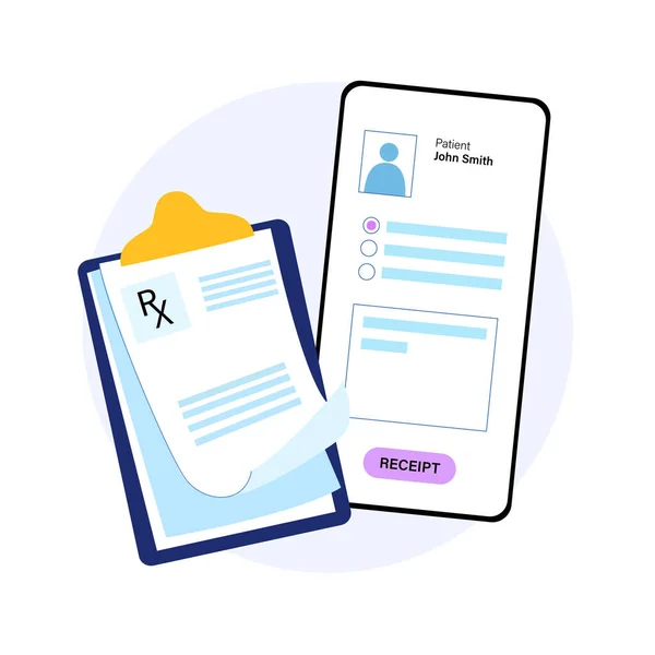 Rx表格 医疗处方在线文件 在电话里从医生那里接到病人的电话 药丸和医疗保健 药物和治疗 止痛剂和药物剂量控制病媒 — 图库矢量图片