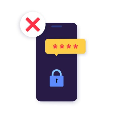 Yanlış şifre. Giriş reddedildi. İnternetteki kişisel veri koruması. Akıllı telefondan uyarı mesajı. Yanlış veri girişi. Özel hesap vektör çizimine girmeye çalışılıyor.