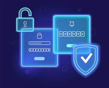 Login form concept. One time password for entering. Personal data protection on computer or smartphone. Username and password page in neon graphic style flat vector illustration.