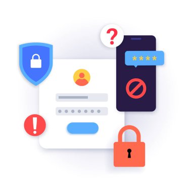 Hesap için kullanıcı adı ve parolanın kurtarılması. Kişisel verileri güncellemek için akıllı telefon bildirimi. Şifreyi unuttum, giriş için bir sorum var. İnternet düz vektör illüstrasyonunda bilgi güvenliği.