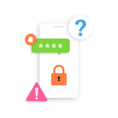Recovery of username and password for account. Smartphone notification for update personal data. Forgot password, question for entering. Information security in internet flat vector illustration.