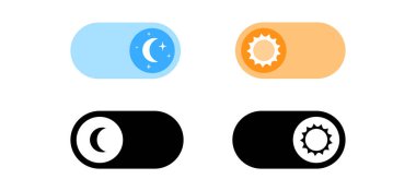Işık veya karanlık tema için element düğmesini değiştir. Dijital şalter sembolü. Uygulama için gündüz kipi simgesi. Akıllı telefonun göstergesi bu. Beyaz arkaplan üzerinde ön kontrol gerçekçi vektör çizimi.