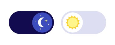 Işık veya karanlık tema için element düğmesini değiştir. Dijital şalter sembolü. Uygulama için gündüz kipi simgesi. Akıllı telefonun göstergesi bu. Beyaz arkaplan üzerinde ön kontrol gerçekçi vektör çizimi.