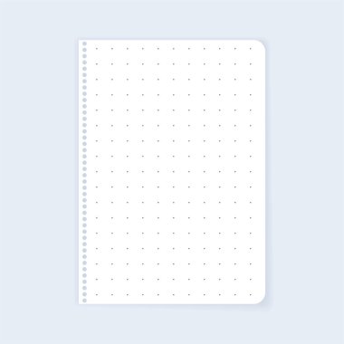 Empty dotted paper page, realistic note mockup for school. Blank clean notebook with grid pattern a4, a3, a2 format. White sheet document for education. Shadow on gray background vector illustration