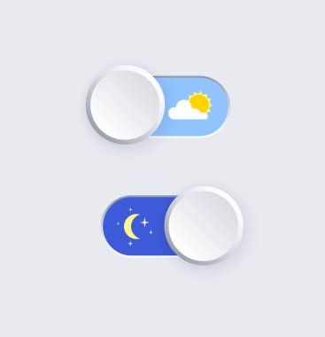 Işık veya karanlık tema için element düğmesini değiştir. Dijital şalter sembolü. Uygulama için gündüz kipi simgesi. Akıllı telefonun göstergesi bu. Beyaz arkaplan üzerinde ön kontrol gerçekçi vektör çizimi.