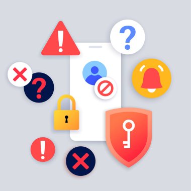 Akıllı telefondan bilgilendirme. Yeni mesajlar, ekranı kilitle ve uyar. Kişisel bilgi koruması. Giriş prosedürü. Sosyal ağda sohbet ediyoruz. Telefon vektörü illüstrasyonunda internet etkinliği