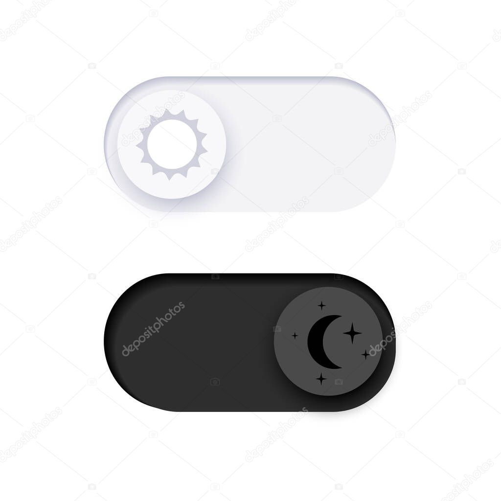 Switch element button for light or dark theme. Digital toggle symbol. Day night mode icon for application. Indicator for smartphone. Frontend control realistic vector illustration on white background.