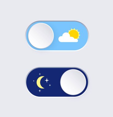 Işık veya karanlık tema için element düğmesini değiştir. Dijital şalter sembolü. Uygulama için gündüz kipi simgesi. Akıllı telefonun göstergesi bu. Beyaz arkaplan üzerinde ön kontrol gerçekçi vektör çizimi.