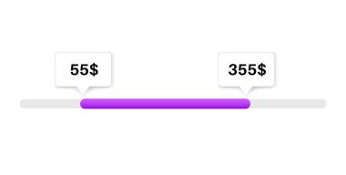 Web formundaki fiyat aralığı kaydırma çubuğu, çevrimiçi uygulama. Web sitesinde filtre kaydırıcı, düz kullanıcı arayüzü ögeleri. İndirimli navigasyonlu internet sayfası şablonu. Ön uç denetim vektör illüstrasyonu