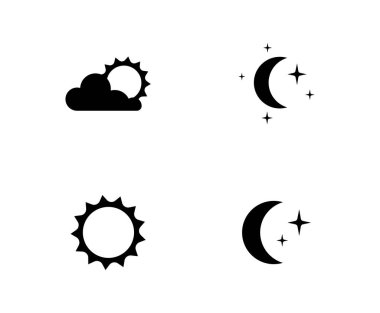 Day and night logo. Light or dark theme or sleep wake rhythm. Moon and stars, sun and clouds in sky. Weather pictograms for application. Summer or winter flat vector illustration on white background.