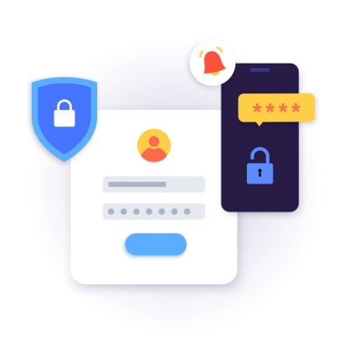 Tek seferlik şifre. Siteye ya da uygulamaya girmek için akıllı telefondan şifreli mesaj. Telefondaki bildirim, çoklu faktör doğrulaması. İnternet ödemesi, 2fa düz vektör illüstrasyonu.