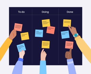 Scrum board methodology. Meeting process, cards with tasks on whiteboard, teamwork in office or online. User story implementation. To do, in progress, done stages. Agile model flat vector illustration